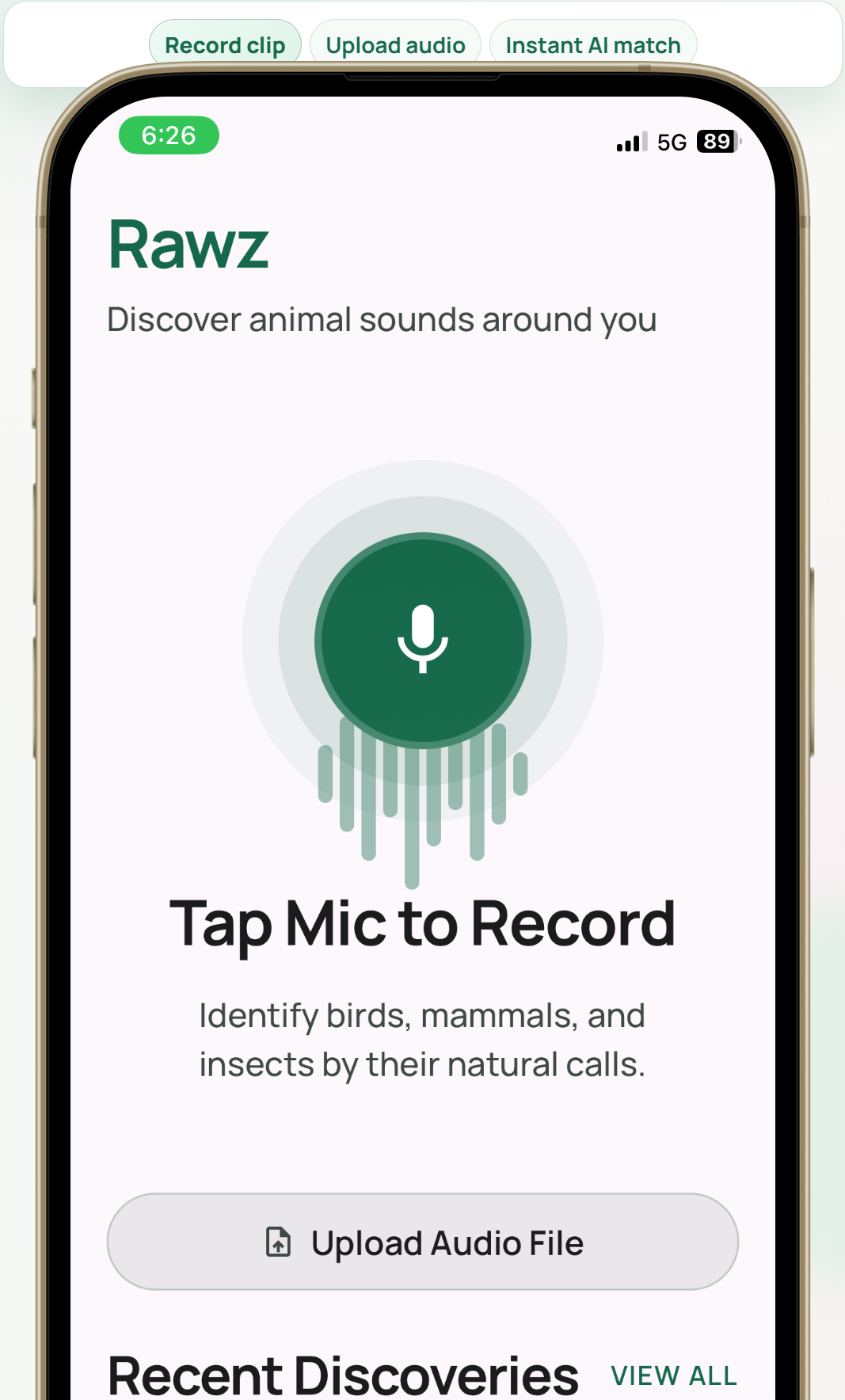 Rawz app screen showing tap to record and upload audio options